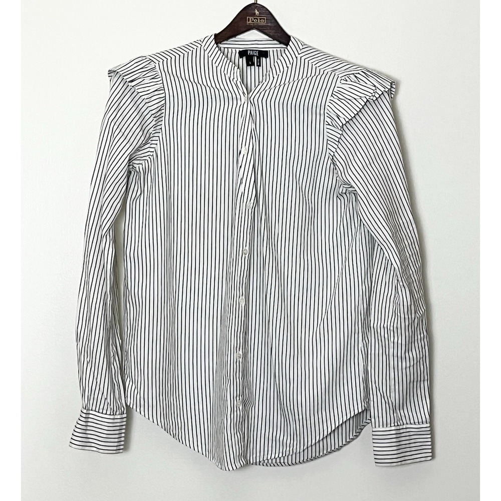 Paige Jenelle‎ Collarless Ruffle Stripe Button Up Shirt Women's Small White